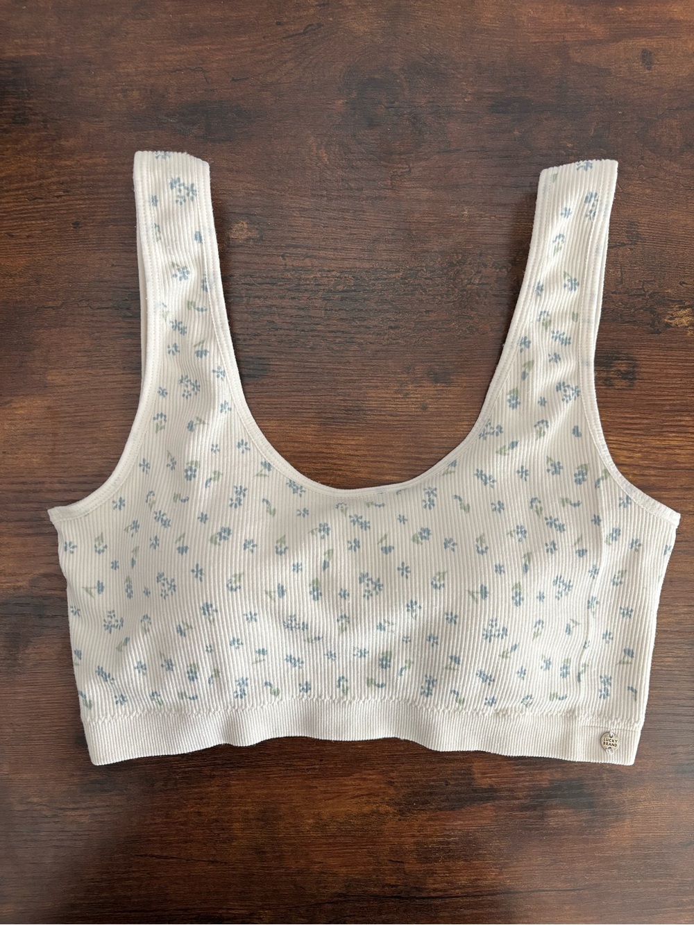 Lucky Brand Women’s Sz L Ribbed Bralette Crop Top White Blue Floral Print